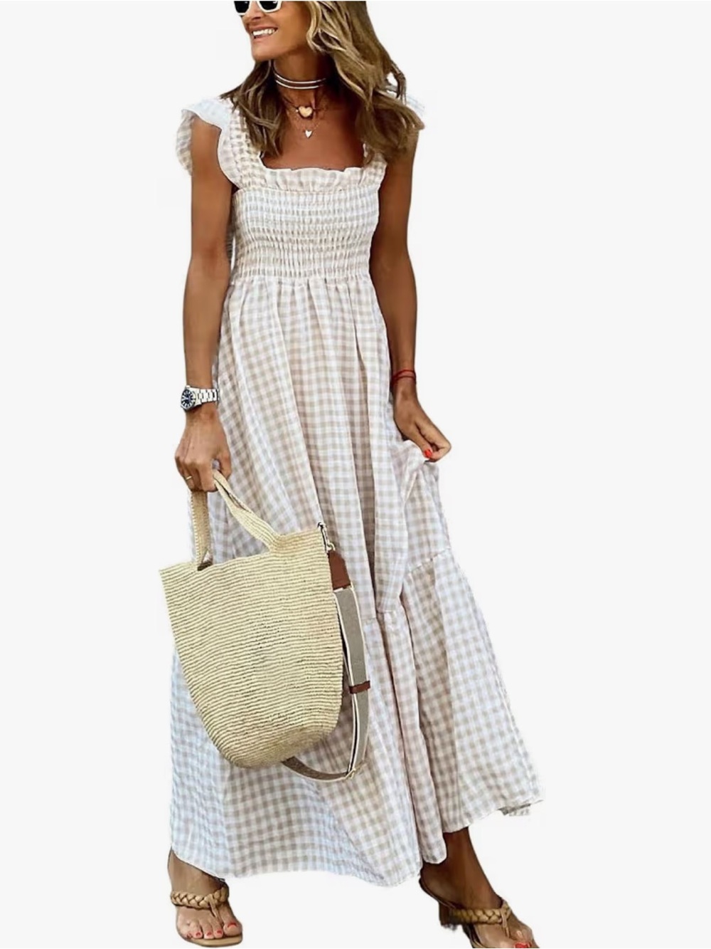 chouyatou Women's Retro Plaid Smocked Dress Spaghetti Strap Flounce Long Dress